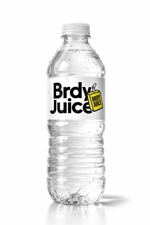 Blue water bottle with a yellow Brdy Juice sticker slapped on it